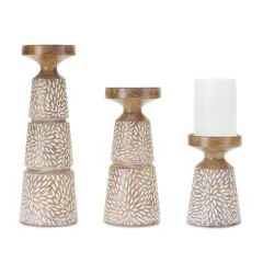 Etched Starburst Woodgrain Candle Holder Set