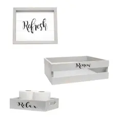 Elegant Designs Small Gray Wash Towel Holder, Frame & Toilet Paper Holder Set