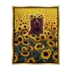 Stupell Industries Happy Bear Sunflower Field Floater Framed Art Gold