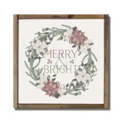 Merry & Bright Wreath Framed Wood Plaque