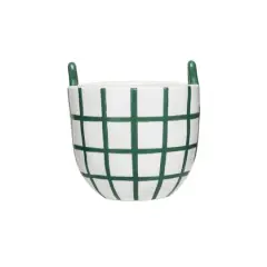 Hello Honey&reg; 6.75" Hand-Painted Green & White Grid Stoneware Container with Handles