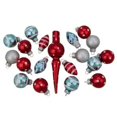 19ct. Red & Blue Frosted Glass Ornaments & Tree Topper Set