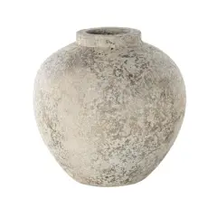 12" Cream Ceramic Antique Style Round Vase with Textured Distressing