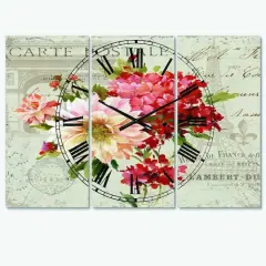 Designart Red Painted Flowers On Vintage Postcard I Multipanel Wall Clock