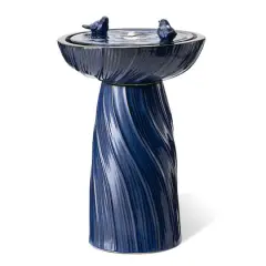 Glitzhome&reg; 24.75" LED Cobalt Blue Twist Ceramic Birdbath Outdoor Floor Fountain