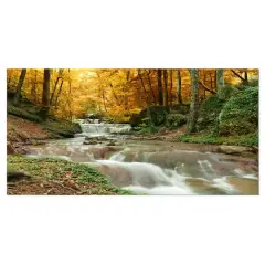 Designart - Forest Waterfall with Yellow Trees - Landscape Canvas Art Print