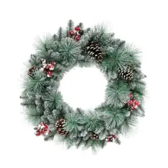 24" Glitter Pine, Cones & Red Berries Wreath