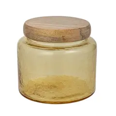 Hello Honey&reg; Yellow & Whitewash Hammered Glass Jar with Mango Wood Lid