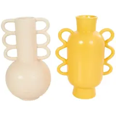 CosmoLiving by Cosmopolitan Geometric Wavy Handles Ceramic Vase Set Cream/Yellow