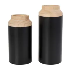 Black Wood Colorblock Vase with Light Brown Wood Tops Set