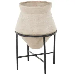 24.5" Beige Metal Wide Vase with Black Metal Stand