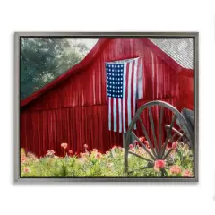 Stupell Industries Red Barn with American Flag Floater Framed Art Gray
