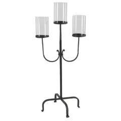 Traditional Black Metal and Glass 3-Light Candelabra, 28" x 15" x 12"