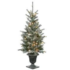 4ft. Pre-Lit Feel Real&reg; Snowy Morgan Spruce Artificial Christmas Tree in Ornate Urn Planter, Twinkly&trade; Color Changing LED Lights