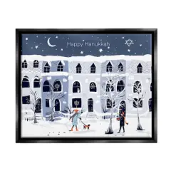 Stupell Industries Happy Hanukkah Winter City Scene Framed Floater Canvas Wall Art Black