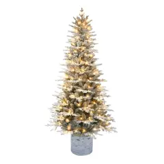 7.5ft. Pre-Lit Flocked Arctic Fir Potted Artificial Christmas Tree, White LED Lights