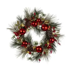 Glitzhome&reg; 24" Pre-Lit Berry, Holly, Pinecone & Red Ornament LED Wreath