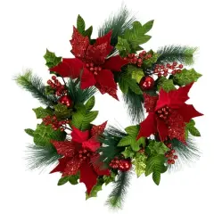 24" Red Glittered Poinsettia & Long Pine Christmas Wreath