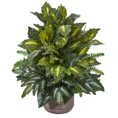 26" Mixed Green Leaf Artificial Plant in Stoneware Planter