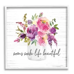 Stupell Industries Mom's Make Life Beautiful Watercolor Flower Bouquet Framed Giclee Art White