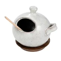 Hello Honey&reg; 5.5" Cream Stoneware Salt Jar with Wood Spoon & Coaster