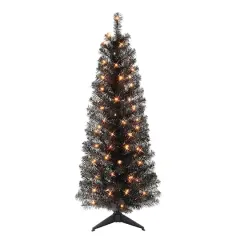 4.5ft. Pre-Lit Black Tinsel Artificial Christmas Tree, Clear Lights