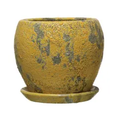 Hello Honey&reg; 5" Distressed Yellow Terra Cotta Planter with Saucer Set