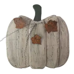 18.5" Large Beige Wooden Fall Harvest Pumpkin with Leaves & Stem