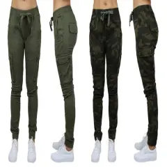 Galaxy By Harvic Loose Fit Cotton Stretch Twill Women's Cargo Joggers 2 Pack Olive/Camouflage