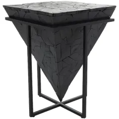 22" Black Teak Wood Geometric Handmade Inverted Pyramid Accent Table with Black Metal Base