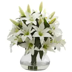 16" White Lily Silk Arrangement with Glass Vase