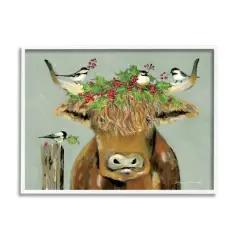 Stupell Industries Cattle & Birds Holiday Holly Framed Giclee Art White
