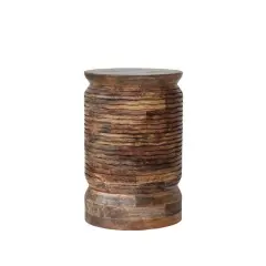 Hello Honey&reg; Natural Round Mango Wood Carved Line Stool Table