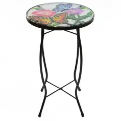 19" Floral & Butterfly Glass Patio Side Table