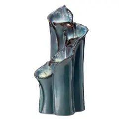 Glitzhome&reg; 31.25" 4-Tier LED Lotus Leaf Textured Ceramic Vase Outdoor Floor Fountain Turquoise