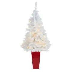 4.5ft. Pre-Lit White Artificial Christmas Tree in Red Planter, Clear LED Lights