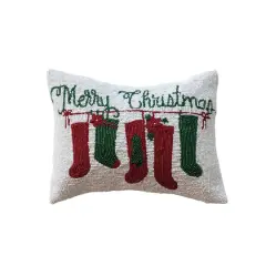 Hello Honey&reg; 14" x 10" Merry Christmas Cotton Beaded Lumbar Pillow with Stockings & Velvet Back