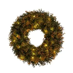 18in. Pre-Lit Autumn Boxwood Artificial Fall Wreath with 25 Warm White LED Lights