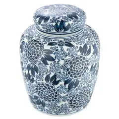 Hello Honey&reg; 8" Blue & White Decorative Chrysanthemum Ceramic Ginger Jar with Lid