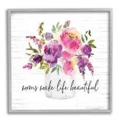 Stupell Industries Mom's Make Life Beautiful Watercolor Flower Bouquet Framed Giclee Art Gray