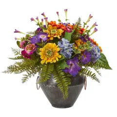 Mixed Flowers Artificial Arrangement in Metal Bowl