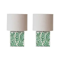 Hello Honey&reg; 14" Green Botanical Pattern Reclaimed Wood & Shell Table Lamp with Linen Shade, 2ct.