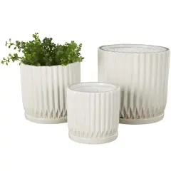 White Ribbed Textured Ceramic Planter Set