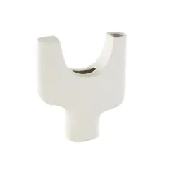 14" Speckled White Abstract Curved Ceramic Vase with Dual Openings