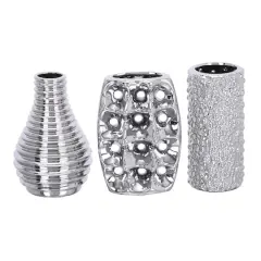 Set of 3 Silver Ceramic Glam Vase, 8" x 5"