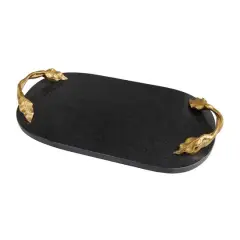 19" Black Marble Oval Tray with Gold Leaf Handles