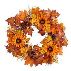 28" Autumn Maple Leaves, Sunflower, White Berries & Pinecones Wreath