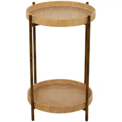 Brown Rattan 2 Tray Shelves Accent Table with Metal Bamboo Inspired Legs 18" x 18" x 26"