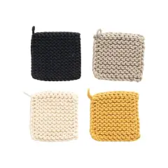 Hello Honey&reg; 8" Black, Gray, Cream & Yellow Square Cotton Crocheted Pot Holder Set