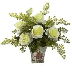 13" Rose & Maidenhair Fern in Floral Planter White